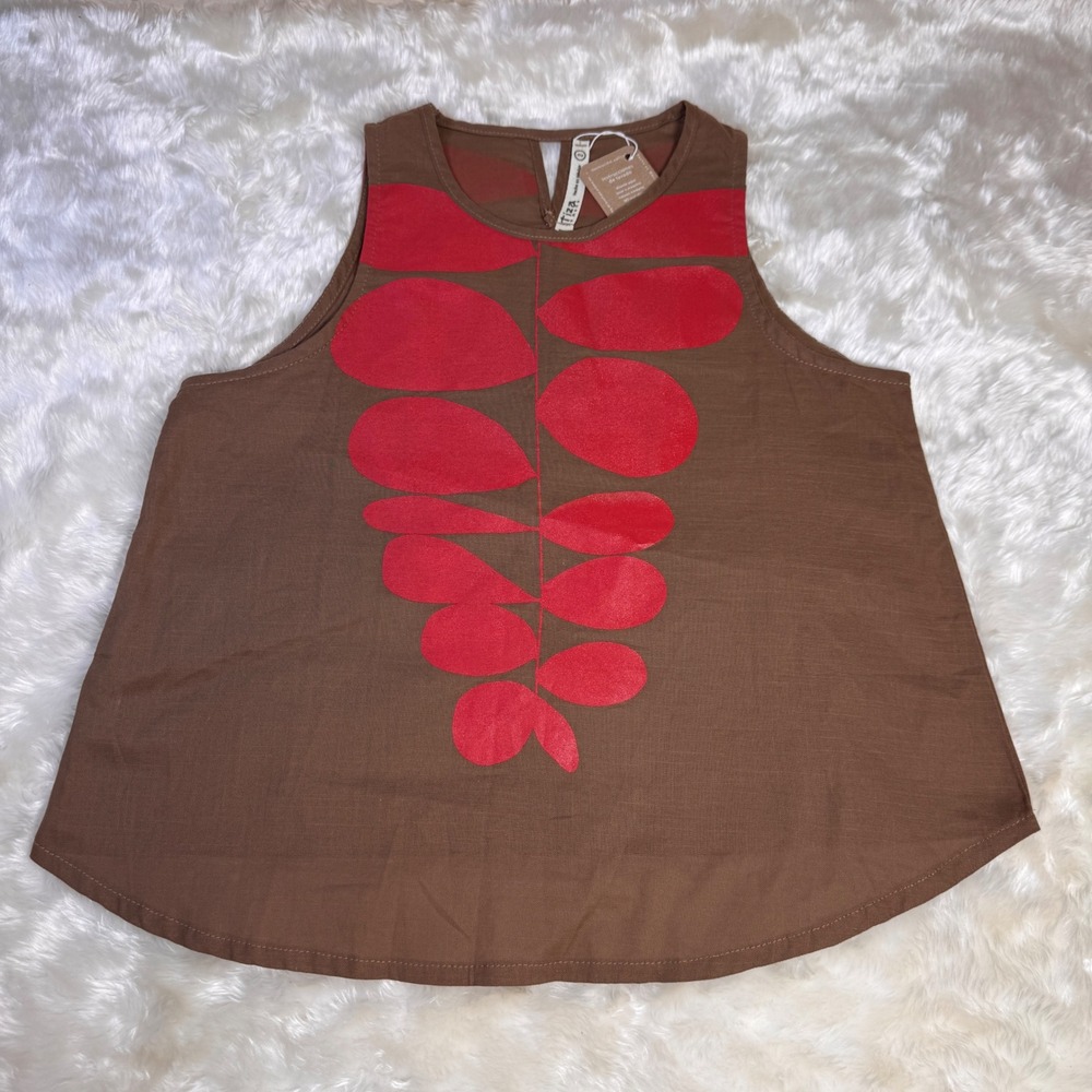 Tiza a Mano Blusa Kiwi Brown Red Linen Cotton Sleeveless Top Size 2 NWT Mexico
